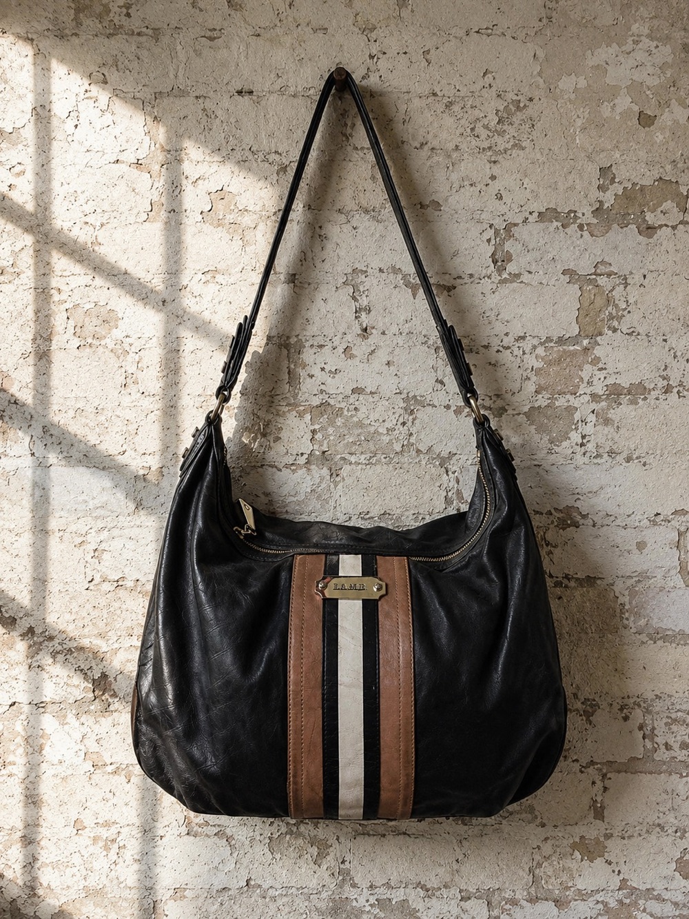 L.A.M.B. Gwen Stefani Genuine Leather Hobo Bag Black Racing Stripe Y2K